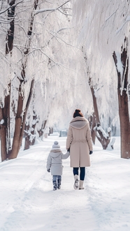 冬季雪地手牵手一起走的母子背影图片