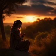 日暮黄昏美女坐在山野户外祷告图片