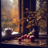 秋天窗台茶几插花茶壶苹果摄影图片