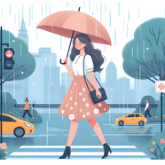 下雨天城市街头卡通女孩撑伞插画图片