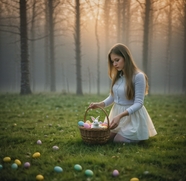 复活节彩蛋兔子树林美女图片