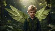 绿色丛林戴着绿色树叶翅膀的男孩图片