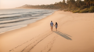 夏日海边情侣漫步海滩摄影图片