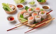 美味三文鱼寿司酱料摄影图片