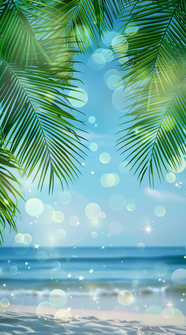 夏日海边波光粼粼椰叶背景图片