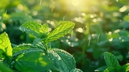 雨后阳光照耀下的绿色薄荷叶图片