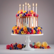 唯美裱花生日蜡烛蛋糕摄影图片