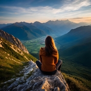 美女坐在山顶之巅冥思俯瞰风景图片