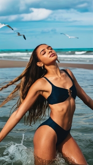 夏日海边黑色泳装性感美女模特人体图片