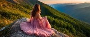 红色连衣裙美女坐在山之巅背影图片