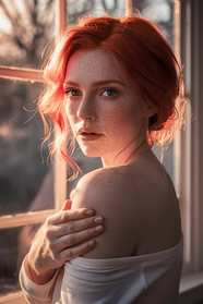 站在窗边的红色染发发型美女图片