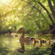 绿色春天池塘鸭妈妈和小鸭子图片