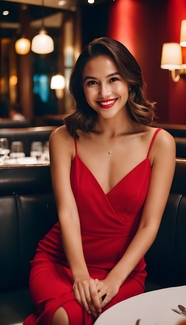 餐厅红色妖娆吊带裙美女图片