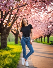 欧美户外粉色樱花林美女写真摄影图片