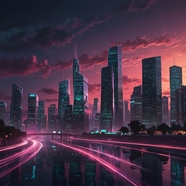 未来派都市高楼大厦建筑夜景图片