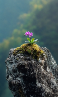 悬崖峭壁岩石青苔蝴蝶兰图片