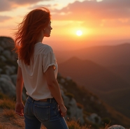 日暮黄昏夕阳余晖山顶美女背影图片