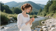 春天户外小溪流美女摄影图片
