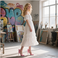 欧美画室白色连衣裙美女写真图片