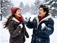 冬季雪中开怀大笑的亚洲情侣图片