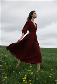 户外草地复古红裙美女写真图片