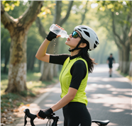 站在梧桐树下喝水的女骑手图片