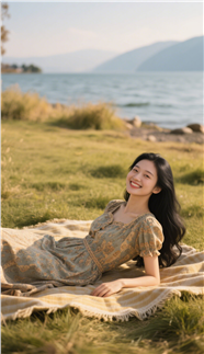 海边草地笑颜如花美女写真摄影图片