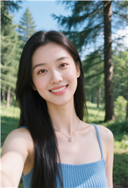 蓝色针织吊带衫美女自拍摄影图片