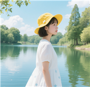 夏日湖泊戴帽美女写真图片