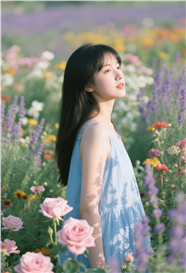夏日唯美花海清新侧颜美女图片
