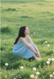 坐在草地上的清新女孩图片