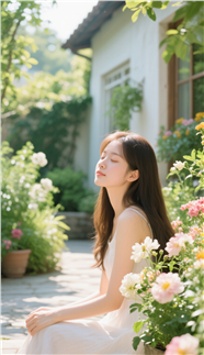 夏日庭院清新女孩摄影图片