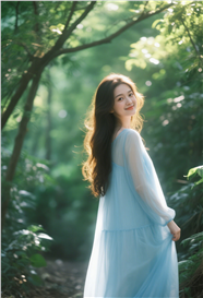 小清新森林风蓝色纱裙美女写真图片