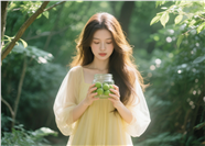 手捧青梅罐子的黄色纱裙美女图片