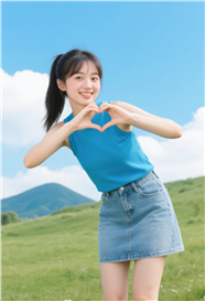 户外蓝天白云草地年轻马尾辫美女图片