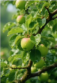 雨后挂在枝头的青苹果图片