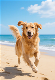 夏日海边金毛寻回犬奔跑图片