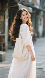 街头白色棉麻长裙美女背着帆布包图片