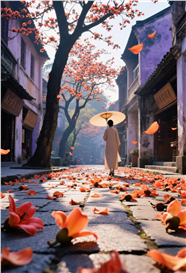 街头木棉花开花落行人背影图片