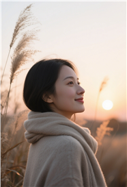 日暮黄昏秋天户外美女侧颜写真图片