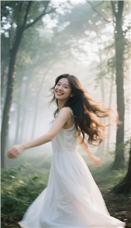 雾气朦胧树林白色长裙美女写真图片
