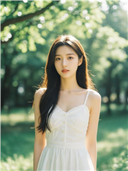 春天树下站立的清纯白裙美女图片