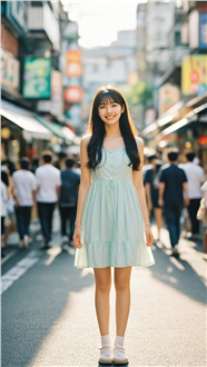 繁华街头街拍蓝色连衣裙少女美女图片