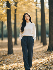 秋天树林长袖衬衫黑色西装裤美女图片