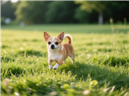 可爱吉娃娃草地自由奔跑摄影图片