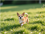 春日草地可爱小狗奔跑图片