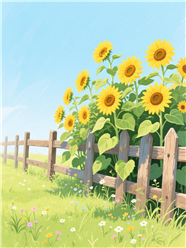 清新明快卡通插画向日葵栅栏图片