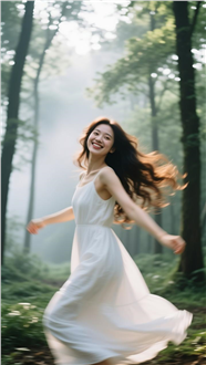 白色长裙美女树林自由自在欢笑图片