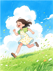 卡通少女草地快乐奔跑插画设计图片