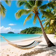 夏季海边沙滩吊床椰子树图片